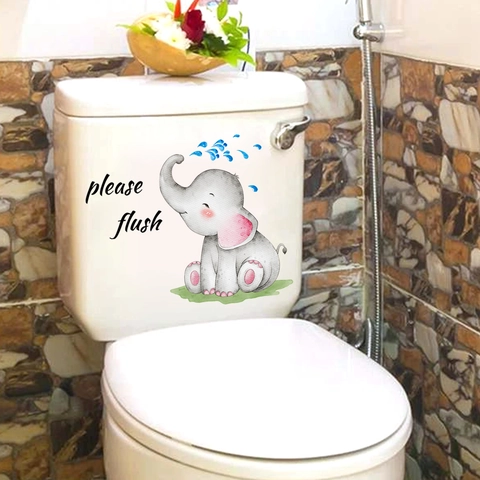 Autocollant De Toilette Éléphant Dessin Animé Mignon Please Flush Décoration De Salle De Bain Étanche En PVC