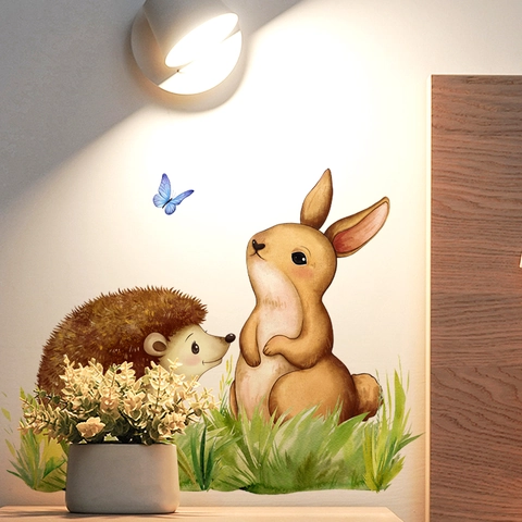 Pegatinas De Pared Animales Dibujos Animados PVC Acuarela Erizo Conejo Mariposa Mural Decorativo Para Habitación Niños