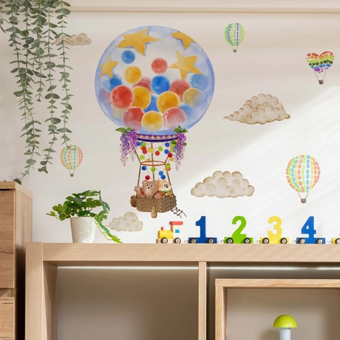 Adesivi Murali Mongolfiera Cartone Animato Animali Orso Nuvole Acquerello PVC Decorazione Camera Bambini