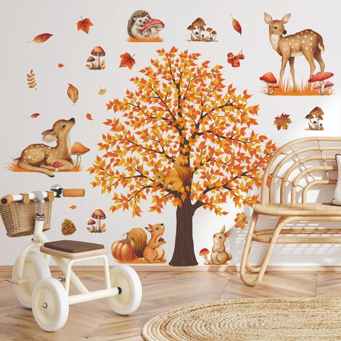 Stickers Muraux Forêt D'automne Aquarelle Cerf Écureuil Arbre Champignon PVC Autocollant Déco Chambre Enfant