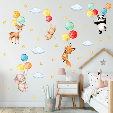 Cartoon Tiere Wandaufkleber PVC Aquarell Panda Hirsch Hase Fuchs Luftballons Wolken Für Kinderzimmer Deko