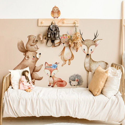 Stickers Muraux Animaux de la Forêt Aquarelle PVC Cerf Ours Lapin Renard Décoration Chambre Enfant Murale Style Nordique