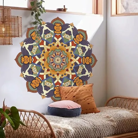 Grand Autocollant Mural Mandala Papier Sans PVC Amovible Style Ethnique Bohème Motif Géométrique Pour Salon Chambre