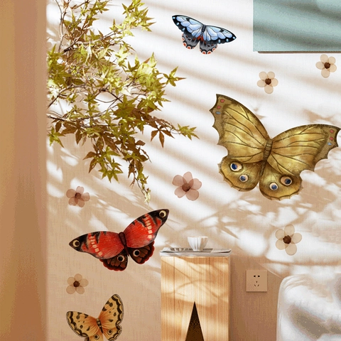 Stickers Muraux Papillon et Fleur Style Bohême Imperméable Sans Colle Amovible Décoration de Mur pour Maison Chambre