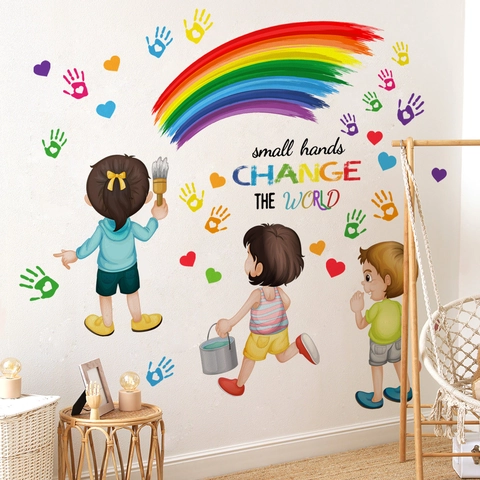 Stickers Muraux Arc-En-Ciel Empreintes Main PVC Décor Chambre Enfant Small Hands Change The World Dessin Animé