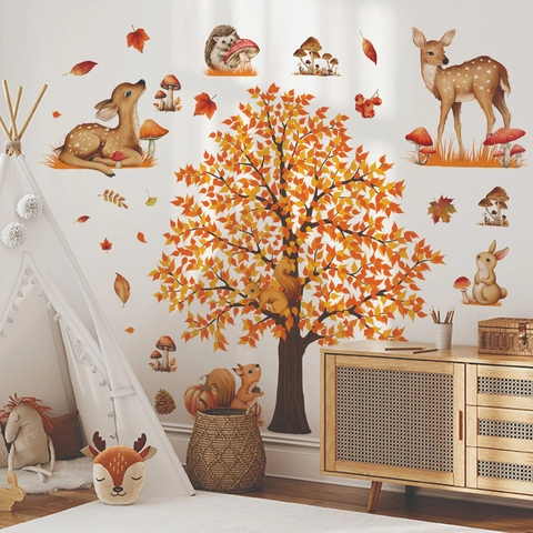 Stickers Muraux Forêt D'automne Aquarelle Cerf Écureuil Arbre Champignon PVC Autocollant Déco Chambre Enfant