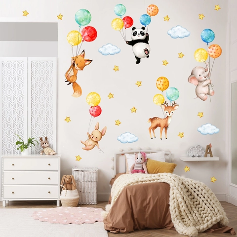 Cartoon Tiere Wandaufkleber PVC Aquarell Panda Hirsch Hase Fuchs Luftballons Wolken Für Kinderzimmer Deko