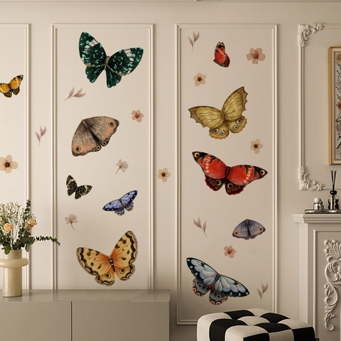 Butterfly Moth Flower Wall Stickers Vintage Realistic Colorful PVC Self Adhesive Decals For Bedroom Living Room Home Decor