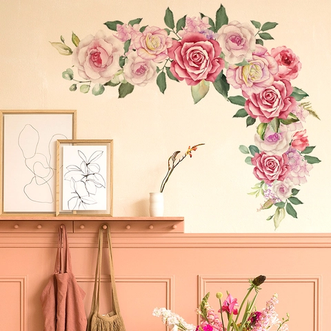 Stickers Muraux Floraux Rose Pivoine Aquarelle PVC Autocollants Amovibles Pour Chambre Salon Décoration Maison Moderne Esthétique