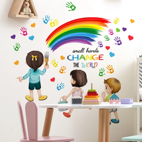 Stickers Muraux Arc-En-Ciel Empreintes Main PVC Décor Chambre Enfant Small Hands Change The World Dessin Animé
