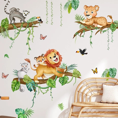 Jungle Animal Wall Stickers PVC Lion Tiger Leopard Removable Mural For Children Nursery Bedroom Cartoon Watercolor Decor