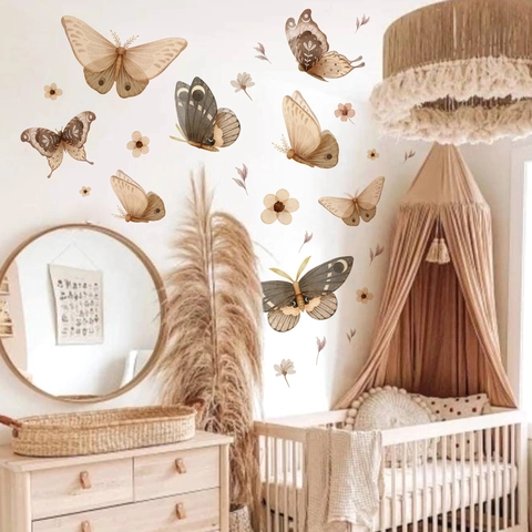 Stickers Muraux Papillon Mite Bohémien Tons Terre PVC Autocollants Amovibles Pour Salon Chambre Décoration Maison Art