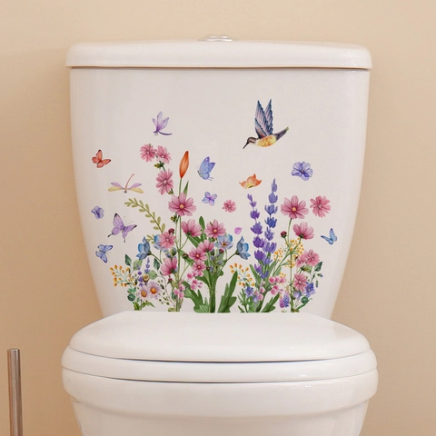 Autocollant Couvercle Toilettes Fleurs Aquarelle Imperméable PVC Colibri Papillon Libellule Décoration Murale Salle De Bain