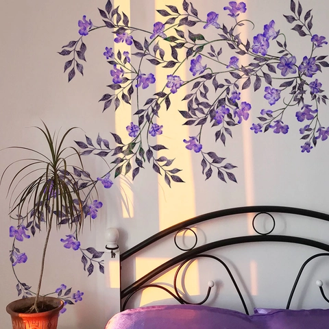 Pegatina de Pared Elegante con Vides de Flores Moradas PVC Removible Floral Calcomanía para Sala de Estar Dormitorio Casa