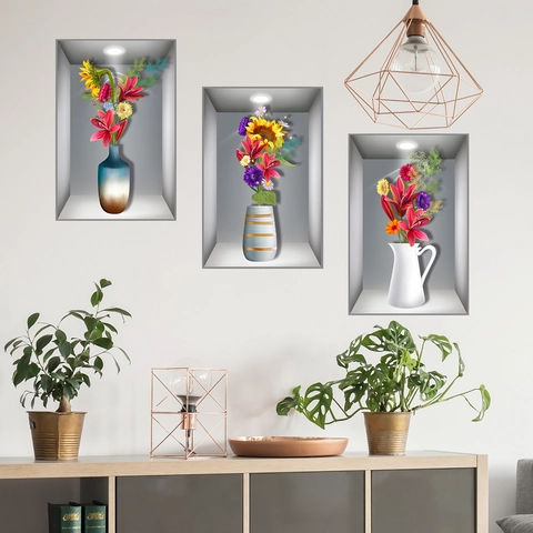 3D Visuele Bloemenvaas Muurstickers PVC Nis Effect Bloemen Behang Voor Woonkamer Slaapkamer Muur Decoratie