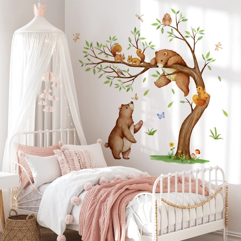 Adesivi Murali Albero Della Foresta E Orso Acquerello Decalcomanie Animali In PVC Per Decorazione Camera Dei Bambini
