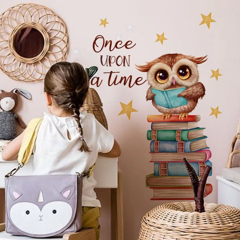 Watercolor Cartoon Owl Reading Books Wall Sticker For Kids Room Nursery Decor Once Upon A Time Stars PVC Self Adhesive Decal
