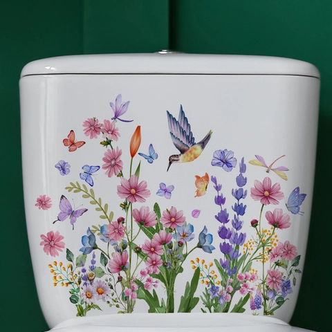 Autocollant Couvercle Toilettes Fleurs Aquarelle Imperméable PVC Colibri Papillon Libellule Décoration Murale Salle De Bain