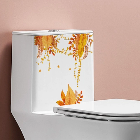 Watercolor Autumn Maple Leaf Toilet Sticker Waterproof PVC Self Adhesive Modern Decal For Bathroom Decor