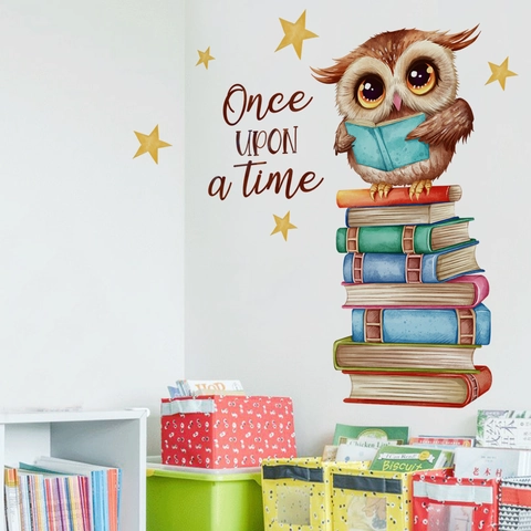 Stickers Muraux Hibou Dessin Animé Lisant Des Livres PVC Autocollant Étoile Décor Pour Chambre D'enfant