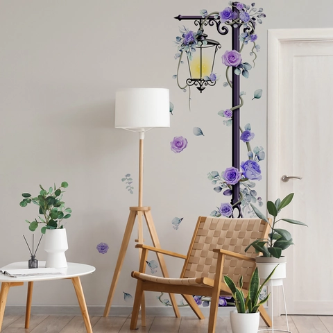 Muurstickers Vintage Lantaarnpaal Paarse Roos Bloemen PVC Waterdicht Verwijderbare Decoratie Voor Woonkamer Slaapkamer