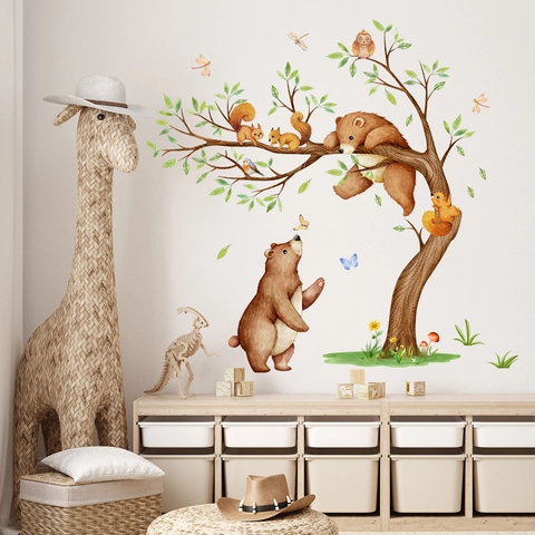 Adesivi Murali Albero Della Foresta E Orso Acquerello Decalcomanie Animali In PVC Per Decorazione Camera Dei Bambini