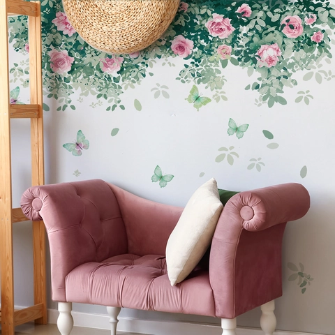 Pink Rose Flower Vine Wall Sticker PVC Butterfly Decal Romantic Pastoral Decor For Living Room Bedroom Background