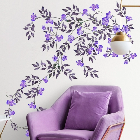 Pegatina de Pared Elegante con Vides de Flores Moradas PVC Removible Floral Calcomanía para Sala de Estar Dormitorio Casa