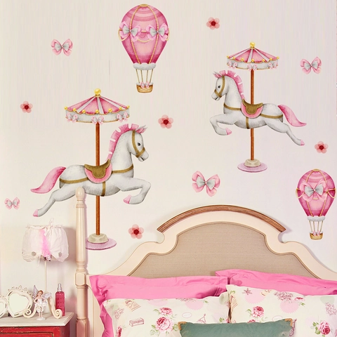 Pink Carousel Hot Air Balloon Wall Stickers Waterproof PVC Watercolor Nursery Decals For Kids Room Decor
