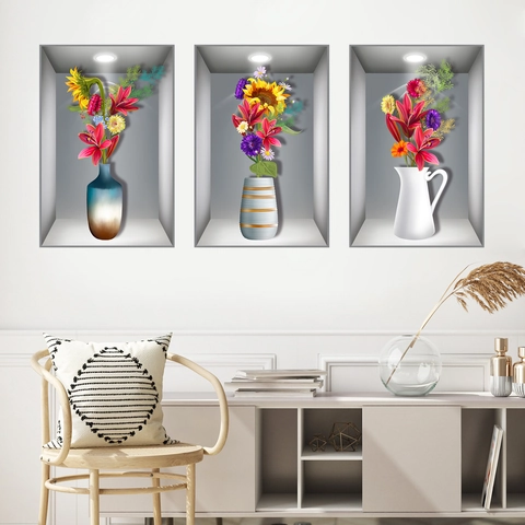 3D Visuele Bloemenvaas Muurstickers PVC Nis Effect Bloemen Behang Voor Woonkamer Slaapkamer Muur Decoratie