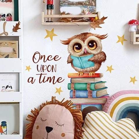 Watercolor Cartoon Owl Reading Books Wall Sticker For Kids Room Nursery Decor Once Upon A Time Stars PVC Self Adhesive Decal
