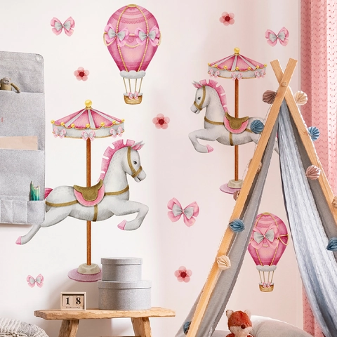 Pink Carousel Hot Air Balloon Wall Stickers Waterproof PVC Watercolor Nursery Decals For Kids Room Decor