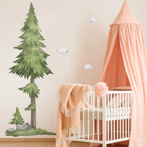 Watercolor Pine Tree And Clouds Wall Stickers PVC Removable Forest Theme Decal For Kids Room Nursery Decor