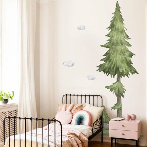 Watercolor Pine Tree And Clouds Wall Stickers PVC Removable Forest Theme Decal For Kids Room Nursery Decor