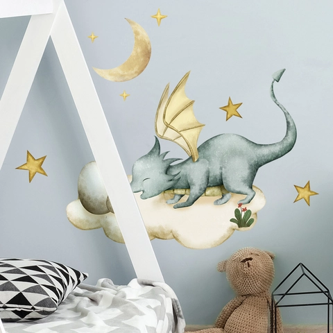 Autocollants Muraux Dragon Dessin Animé Nuages Lune Étoiles PVC Autocollant Style Aquarelle Décoration Chambre Enfant