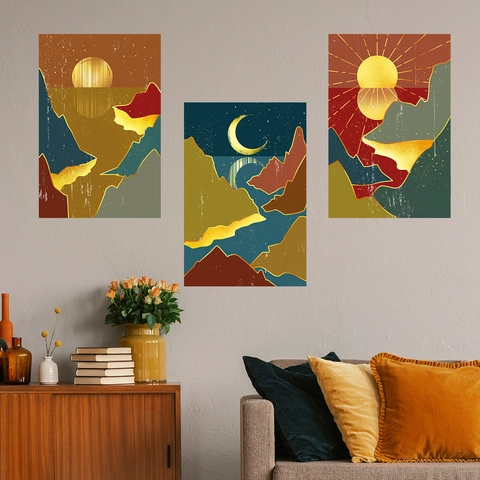 Abstract Sun Moon Mountain Landscape Wall Stickers PVC Bohemian Oil Painting Style Triptych Home Decor Mural
