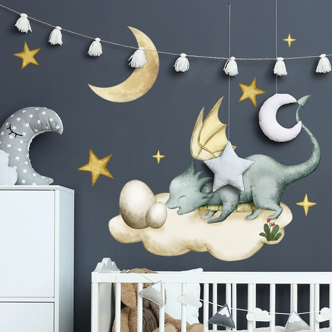 Autocollants Muraux Dragon Dessin Animé Nuages Lune Étoiles PVC Autocollant Style Aquarelle Décoration Chambre Enfant