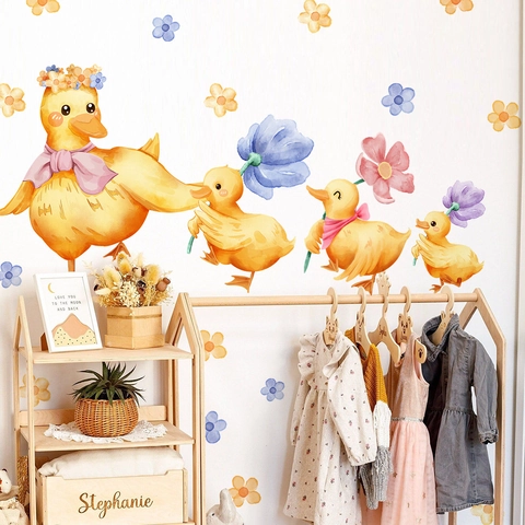 Cartoon Duck Wall Stickers Watercolor Flower PVC Decals Nursery Decor Cute Kids Room Bedroom Home Decoration Art