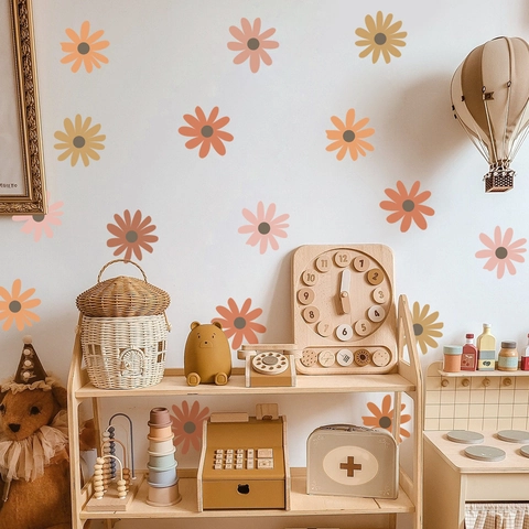 Bohemian Gänseblümchen Blume Wandaufkleber Abnehmbar Papier Morandi Floral Decals Für Kinderzimmer Schlafzimmer Heimdekor DIY Kunst