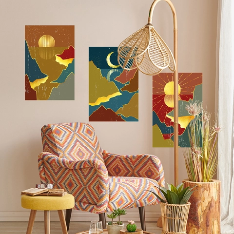 Abstract Sun Moon Mountain Landscape Wall Stickers PVC Bohemian Oil Painting Style Triptych Home Decor Mural