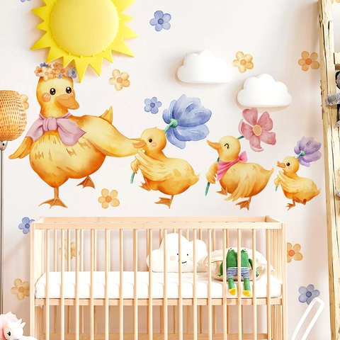 Cartoon Duck Wall Stickers Watercolor Flower PVC Decals Nursery Decor Cute Kids Room Bedroom Home Decoration Art