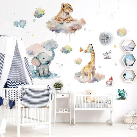 Stickers Muraux Animaux Aquarelle PVC Autocollant Girafe Éléphant Décalcomanies Pour Chambre D'Enfant Décor Cartoon Artistique