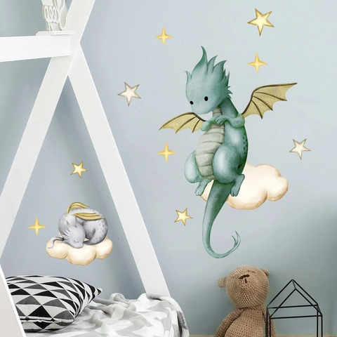 Cartoon Flying Dragon Clouds Stars Wall Sticker For Kids Room Nursery PVC Self-Adhesive Watercolor Style Home Wall Decal