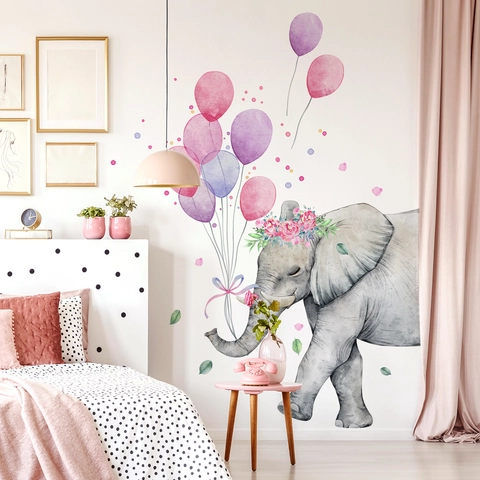 Adesivi Murali Elefante Acquerello Palloncini Rosa PVC Decalcomanie Rimovibili Decorazione Cameretta Bambini DIY