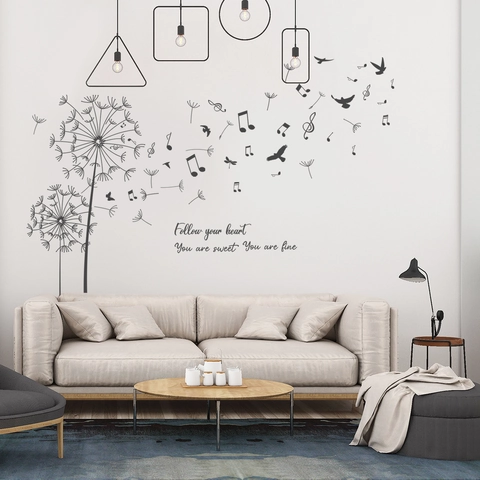Stickers Muraux Pissenlit Notes De Musique Noir PVC Oiseaux Citations Inspirantes Autocollants Pour Salon Chambre Décor