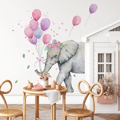 Adesivi Murali Elefante Acquerello Palloncini Rosa PVC Decalcomanie Rimovibili Decorazione Cameretta Bambini DIY