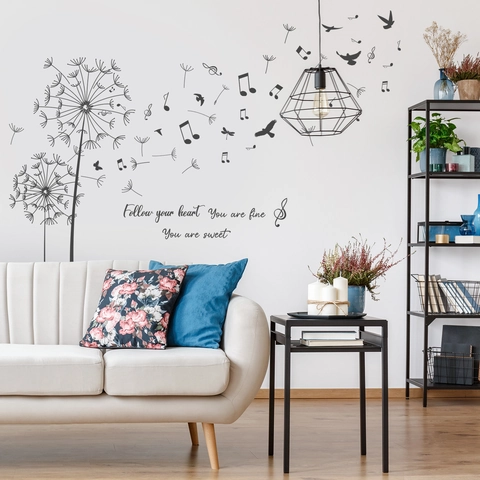 Stickers Muraux Pissenlit Notes De Musique Noir PVC Oiseaux Citations Inspirantes Autocollants Pour Salon Chambre Décor