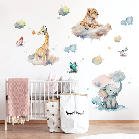 Stickers Muraux Animaux Aquarelle PVC Autocollant Girafe Éléphant Décalcomanies Pour Chambre D'Enfant Décor Cartoon Artistique