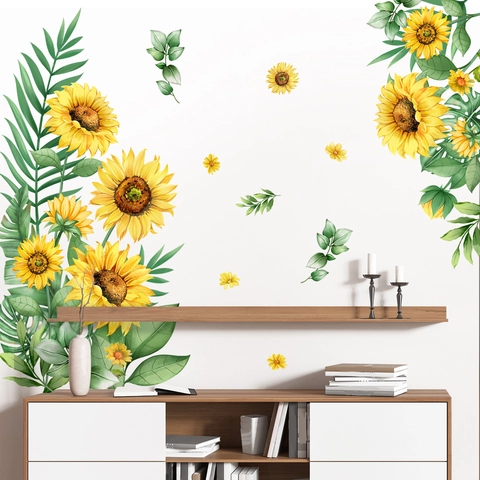 Sonnenblume Wandtattoo PVC Floral Grüne Blätter Aufkleber Für Schlafzimmer Wohnzimmer Kinderzimmer Wandkunst Aquarell Stil