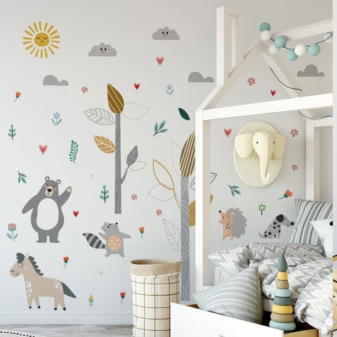Cartoon Animal Wall Stickers PVC Removable Forest Bear Horse Raccoon Decals For Kids Nursery Bedroom Decor